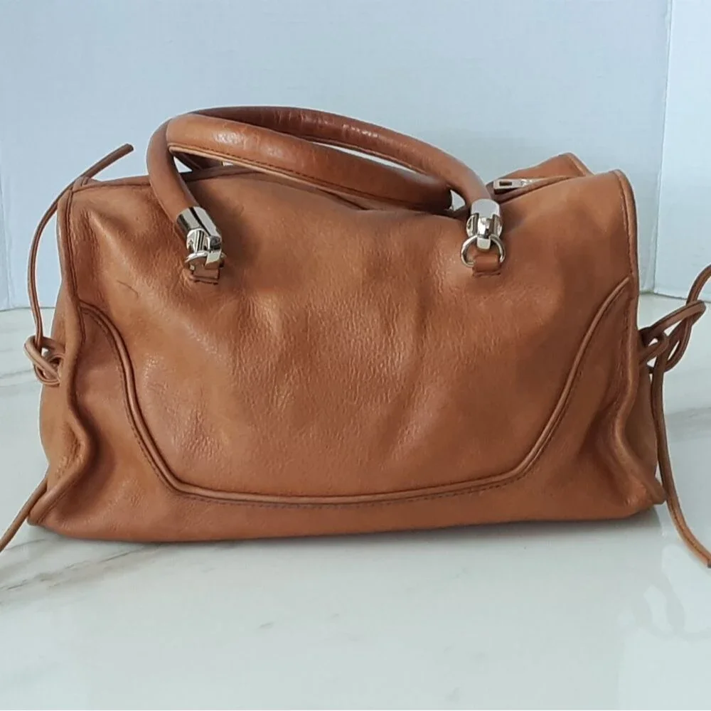 Tre Vero Pebble Caramel Leather Double Handle Cinch Gold Accent Handbag